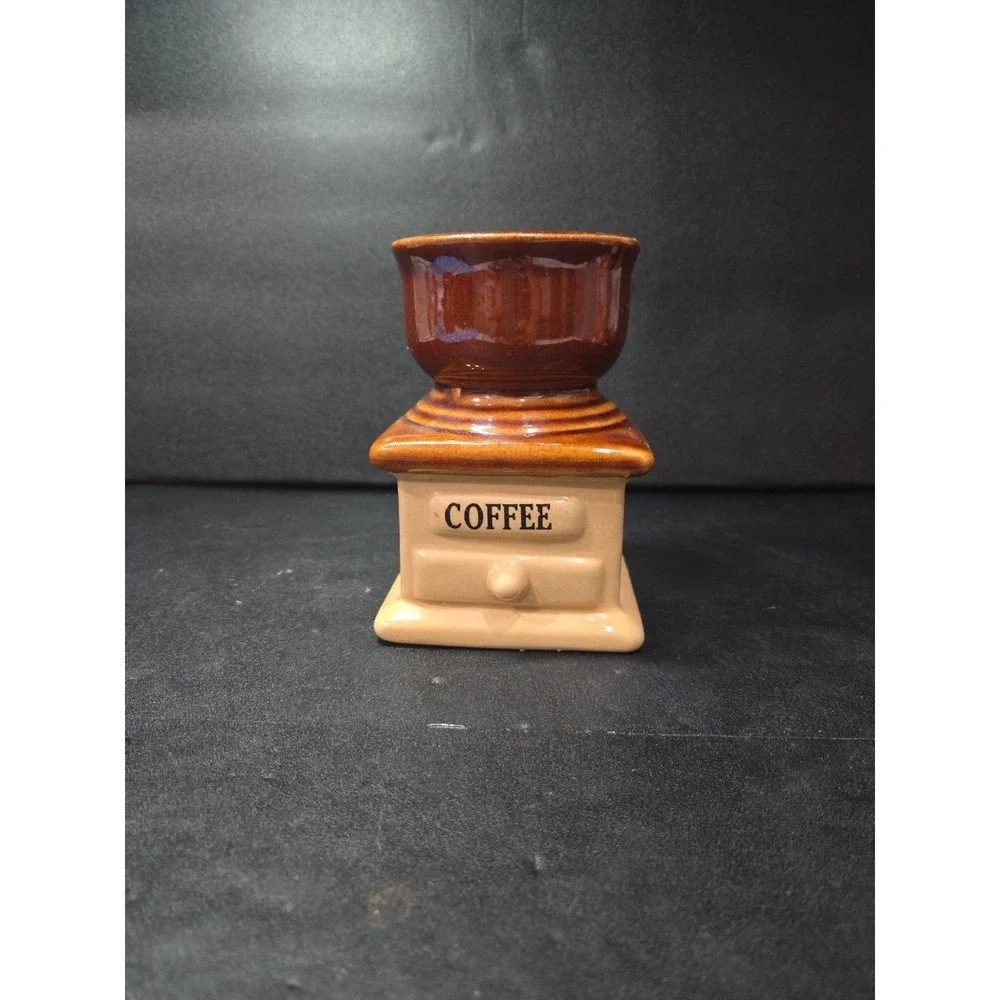 Coffee Grinder Vase, Ceramic Planter, Brown and Beige Drip, Mid Century Decor